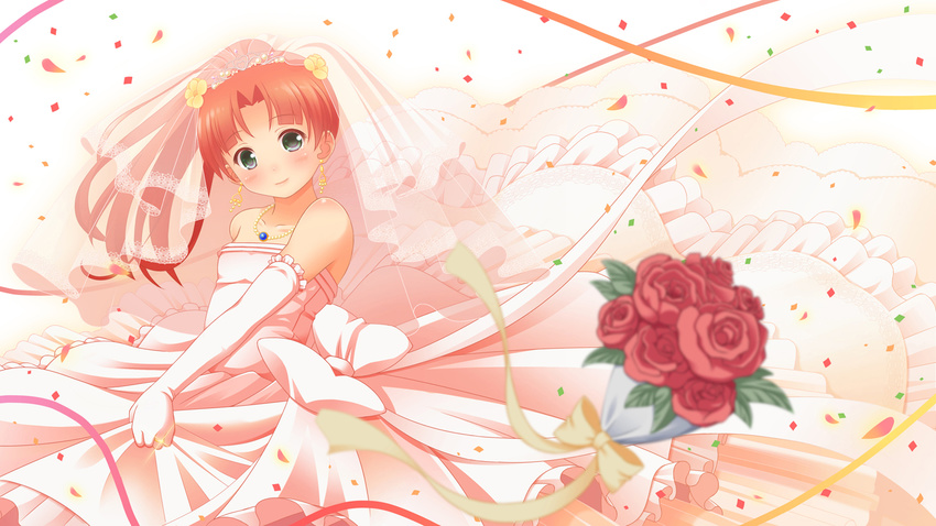 bare_shoulders bouquet bridal_veil confetti dress earrings elbow_gloves flower fractale gloves green_eyes highres jewelry necklace nessa nukunuku_(hinataboltuko) red_flower red_hair red_rose ribbon rose short_hair solo veil wedding_dress