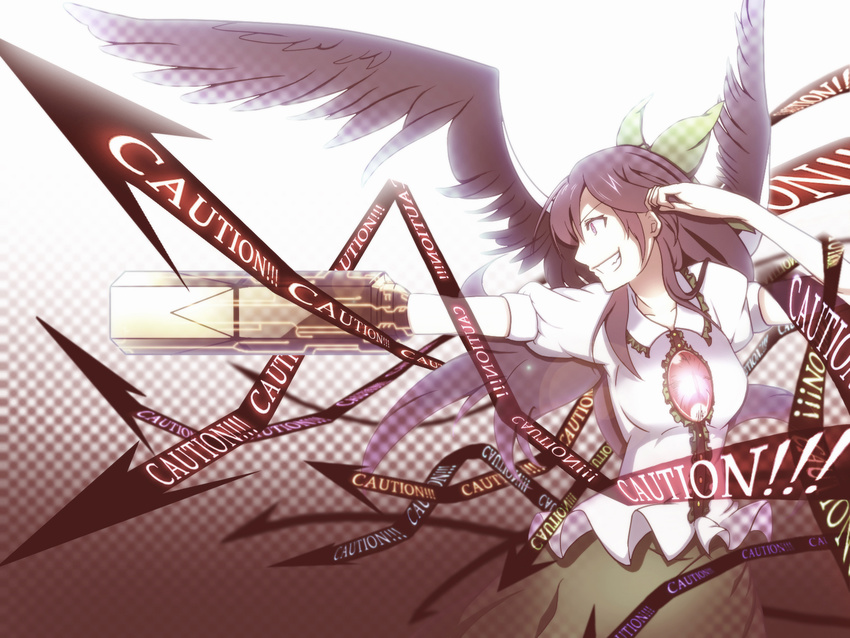 alternate_weapon arm_cannon bad_id bad_pixiv_id black_hair bow grin hair_bow highres outstretched_arm red_eyes reiuji_utsuho sana_(pixiv2147904) shirt skirt smile solo third_eye touhou wallpaper weapon white_shirt wings