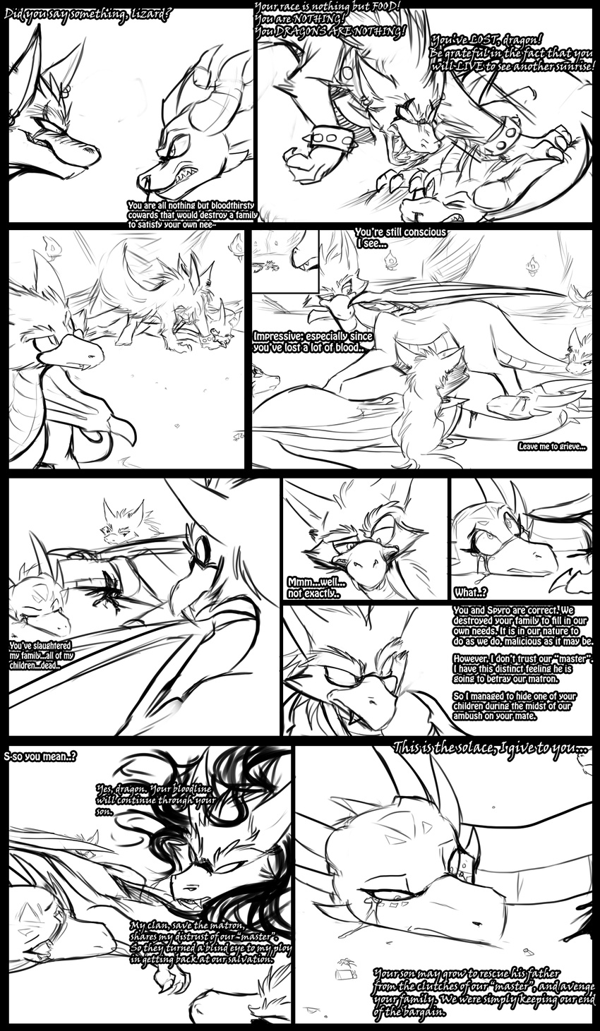 blood comic cynder demon dragon english_text female fight hi_res kayla-na mel_the_hybrid monochrome spyro_the_dragon text video_games violence