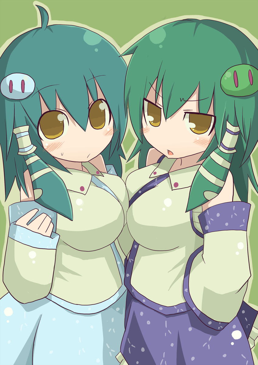 absurdres alternate_color bad_id bad_pixiv_id blush breast_press breasts detached_sleeves dual_persona hair_ornament hand_on_hip highres himegi kochiya_sanae large_breasts multiple_girls open_mouth snake symmetrical_docking touhou