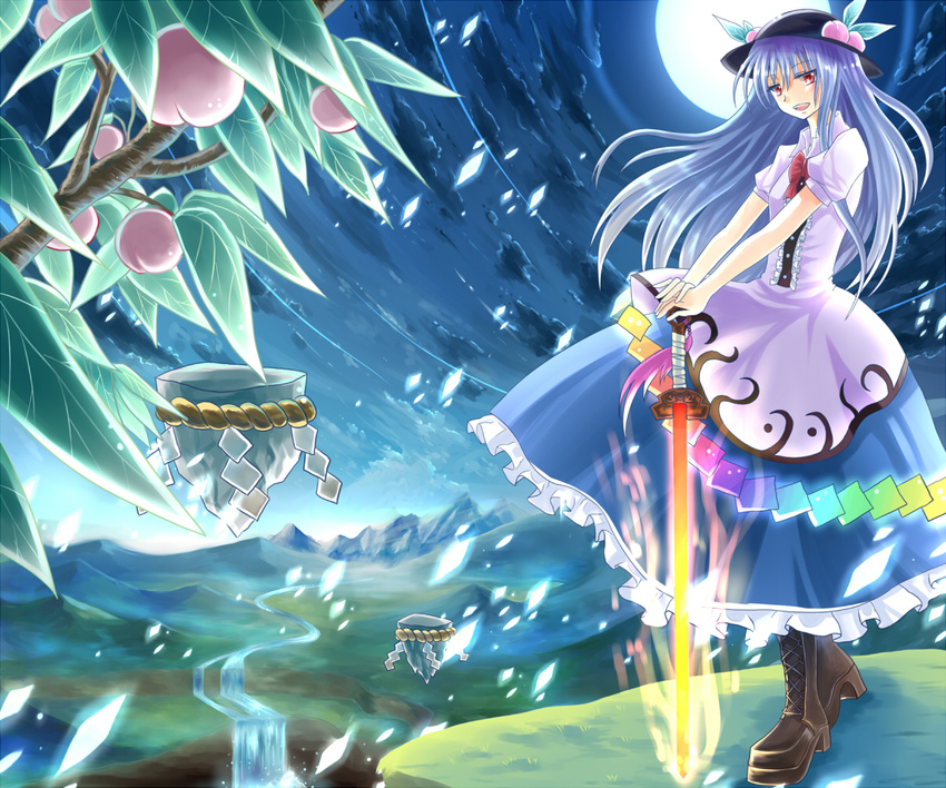 boots cross-laced_footwear food fruit full_moon hands_on_hilt hat hinanawi_tenshi keystone lace-up_boots long_hair looking_at_viewer miyakure moon peach red_eyes rock rope shimenawa sky smile solo sword sword_of_hisou touhou water waterfall weapon
