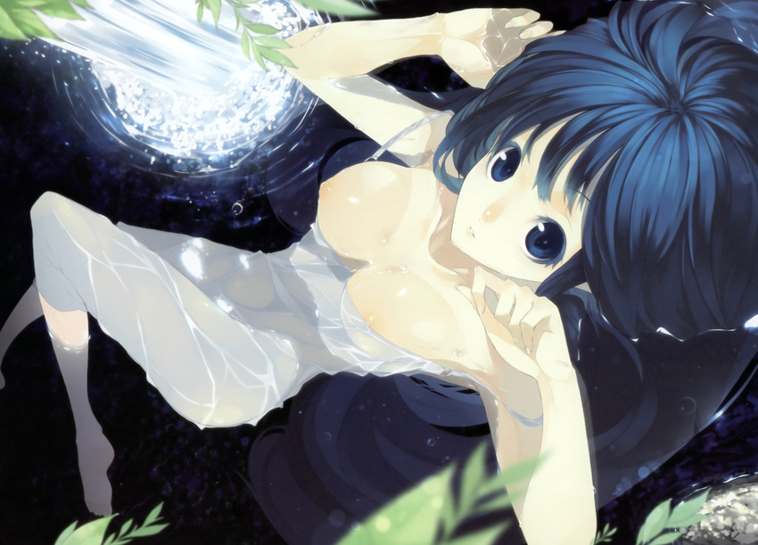 barefoot blue_eyes blue_hair breasts dress highres looking_at_viewer lying medium_breasts nipples on_back original parted_lips partially_submerged senmu solo strap_slip water wet