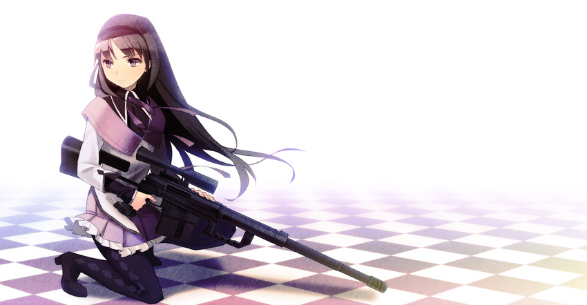 akemi_homura argyle argyle_legwear bad_id bad_pixiv_id black_hair bolt_action checkered checkered_floor cheytac_m200 gun hairband highres light long_hair magical_girl mahou_shoujo_madoka_magica one_knee pantyhose purple_eyes rifle sniper_rifle solo tsurusaki_yuu weapon