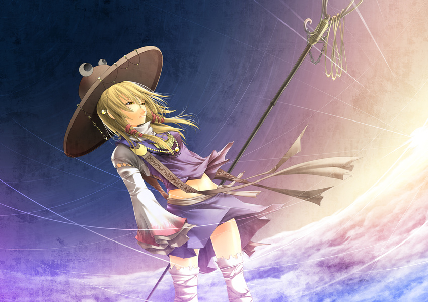 adapted_costume blonde_hair detached_sleeves hat highres midriff moriya_suwako navel shakujou solo staff thighhighs tomokatsu touhou white_legwear yellow_eyes