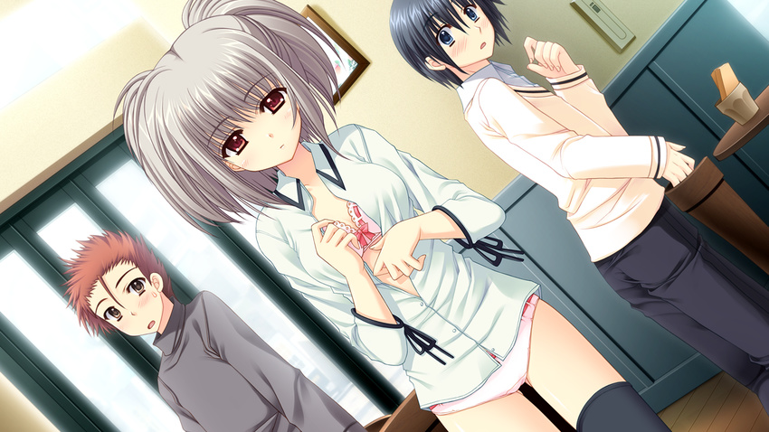 2boys black_hair black_legwear blue_eyes bra brown_eyes brown_hair embarrassed game_cg grey_hair kona_nako multiple_boys nishimata_aoi open_clothes open_shirt panties pink_bra pink_panties sekai_seifuku_kanojo shirt thighhighs underwear undressing