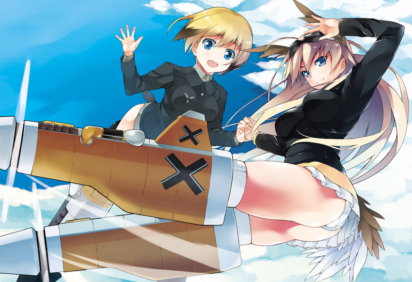 animal_ears ass blonde_hair blue_eyes cloud day erica_hartmann goggles goggles_on_head hanna-justina_marseille holding_hands military military_uniform multiple_girls panties shirota_dai strike_witches striker_unit tail underwear uniform world_witches_series