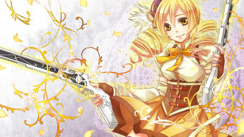 beret blonde_hair breasts corset cresce detached_sleeves drill_hair dual_wielding fingerless_gloves gloves gun hair_ornament hat holding magical_girl magical_musket mahou_shoujo_madoka_magica medium_breasts petals pleated_skirt puffy_sleeves rifle skirt solo thighhighs tomoe_mami weapon yellow_eyes