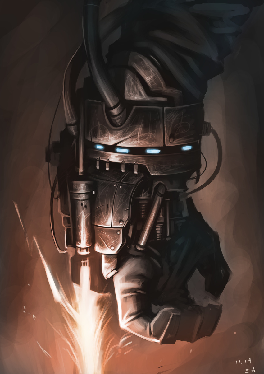 bad_id bad_pixiv_id copyright_request dark fire flame flamethrower gloves glowing hands highres mechanical sanyuejiuri solo weapon
