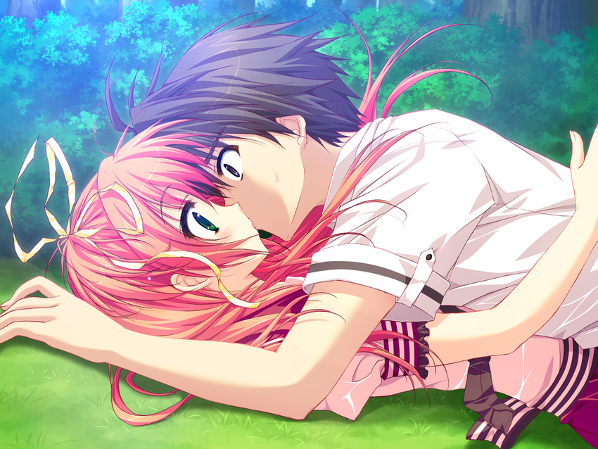 game_cg grass hoshizora_e_kakaru_hashi kiss long_hair nakatsugawa_ui pink_hair ryohka