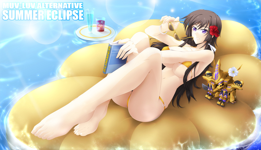 barefoot bikini book breasts brown_hair character_request drink feet flower haganef hibiscus highres inflatable_raft large_breasts legs lens_flare long_hair long_legs lying muvluv muvluv_alternative muvluv_total_eclipse navel on_back purple_eyes smile solo summer sunglasses sunlight swimsuit takamura_yui thighs underboob water