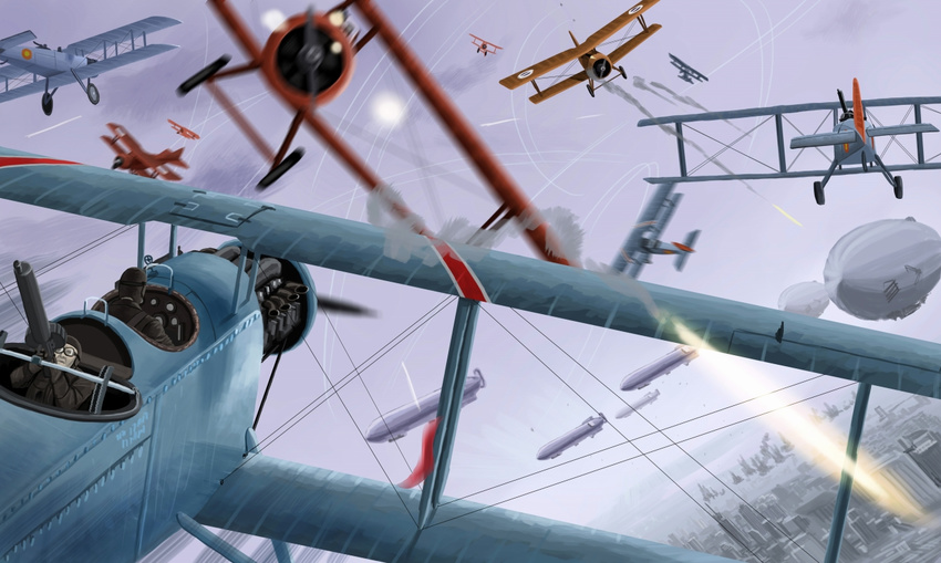 aerial_battle aircraft airplane battle biplane city commentary_request gun gyan_(akenosuisei) lewis_gun machine_gun military multiple_boys original sky weapon world_war_i