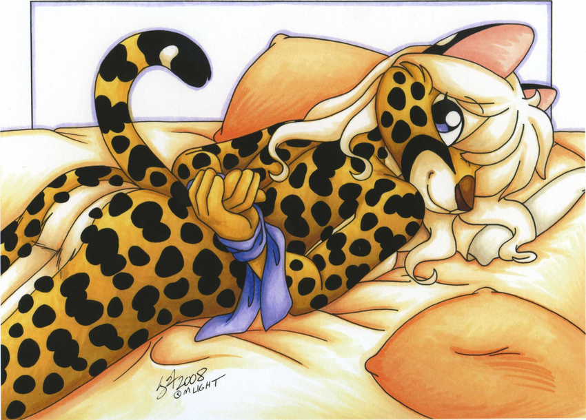 bdsm bed bondage cheetah feline female hi_res looking_at_viewer lying michele_light nude solo