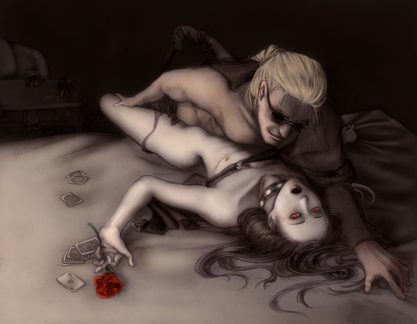 blonde_hair card deadend_dolls flower glowing glowing_eyes guilty_gear johnny_sfondi lips long_hair lying_card male_focus multiple_boys on_bed open_mouth otoko_no_ko playing_card ponytail realistic red_eyes red_flower red_rose rose sunglasses testament_(guilty_gear) yaoi