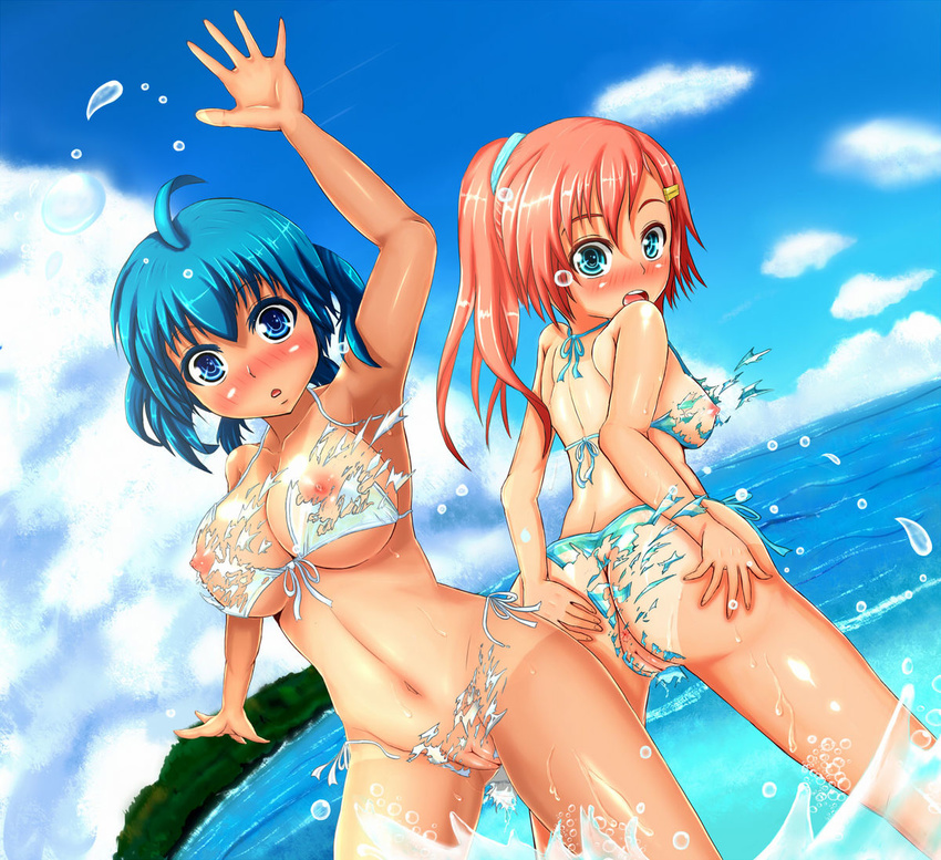 2girls ass bikini blue_hair blush breasts duplicate erect_nipples hair_ornament hairclip large_breasts multiple_girls nipples ocean pink_hair ponytail pussy side-tie_bikini sky surprised swimsuit tan tanline torn_clothes wading water