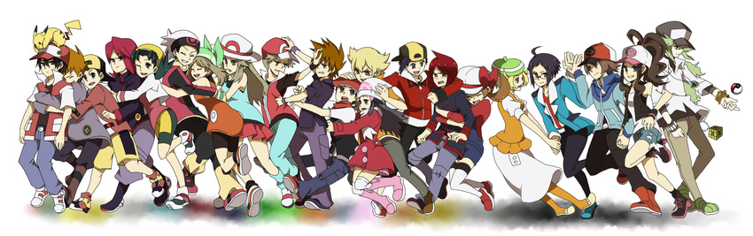 6+girls absolutely_everyone alternate_costume backwards_hat bandana bel_(pokemon) blue_(pokemon) blush boots cheren_(pokemon) coat crystal_(pokemon) dual_persona everyone gen_1_pokemon gold_(pokemon) hat highres hikari_(pokemon) holding_hands hug jun_(pokemon) kotone_(pokemon) kouki_(pokemon) long_image multiple_boys multiple_girls n_(pokemon) ookido_green orange_legwear pantyhose pikachu pink_footwear poke_ball pokemon pokemon_(creature) pokemon_(game) pokemon_bw pokemon_dppt pokemon_frlg pokemon_gsc pokemon_hgss pokemon_platinum pokemon_rgby red_(pokemon) red_(pokemon_frlg) red_(pokemon_rgby) sei_(shinkai_parallel) silver_(pokemon) simple_background thighhighs throwing_poke_ball touko_(pokemon) touya_(pokemon) wide_image winter_clothes