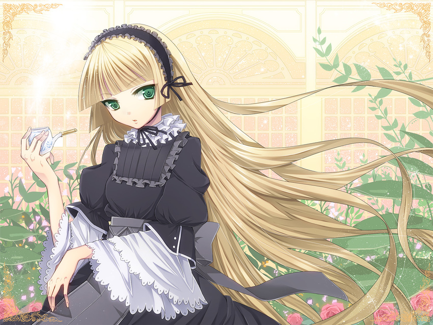 bangs blonde_hair blunt_bangs dress eyebrows_visible_through_hair fingernails frame gosick gothic_lolita green_eyes hairband hands hattori_masaki hime_cut lolita_fashion lolita_hairband long_hair pipe solo victorica_de_blois