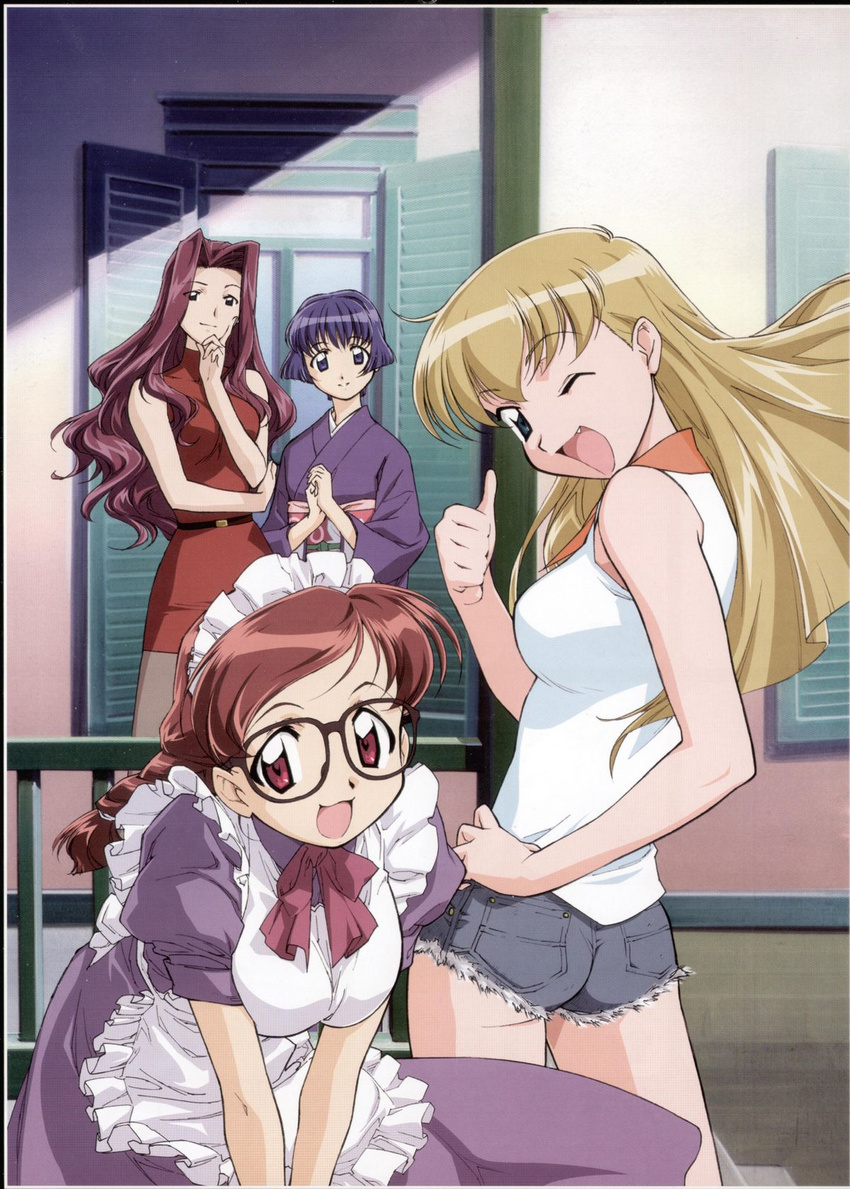 4girls ai_yori_aoshi ass back bare_shoulders belt black_eyes blonde_hair blue_eyes blue_hair braid breast_squeeze breasts brown_hair denim dress glasses highres japanese_clothes jeans kagurazaki_miyabi kimono large_breasts legs long_hair looking_at_viewer looking_back maid maid_headdress minazuki_taeko multiple_girls open_mouth pants purple_hair red_eyes sakuraba_aoi short_hair short_shorts shorts sideboob smile standing thighs tina_foster