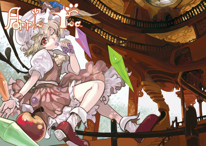 apple bad_id bad_pixiv_id blonde_hair dress eating flandre_scarlet food frills fruit grapes hat holding one_eye_closed pink_dress red_eyes sasurai_susuki scarlet_devil_mansion solo touhou wings