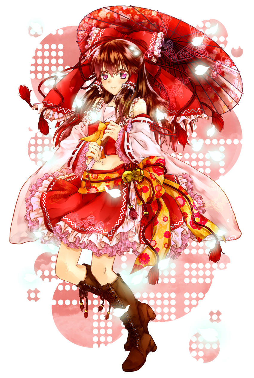 bad_id bad_pixiv_id boots bow brown_hair detached_sleeves frills hair_bow hair_tubes hakurei_reimu highres kujaku_renka long_hair solo touhou umbrella