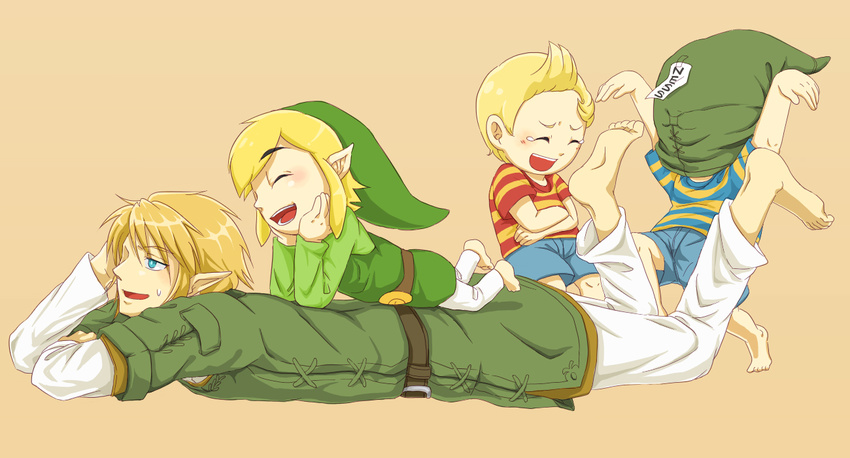 bad_id bad_pixiv_id barefoot blonde_hair blue_eyes feet hat link lucas male_focus mother_(game) mother_2 mother_3 multiple_boys ness pointy_ears quiff saiba_(henrietta) smile super_smash_bros. tears the_legend_of_zelda the_legend_of_zelda:_the_wind_waker the_legend_of_zelda:_twilight_princess toon_link