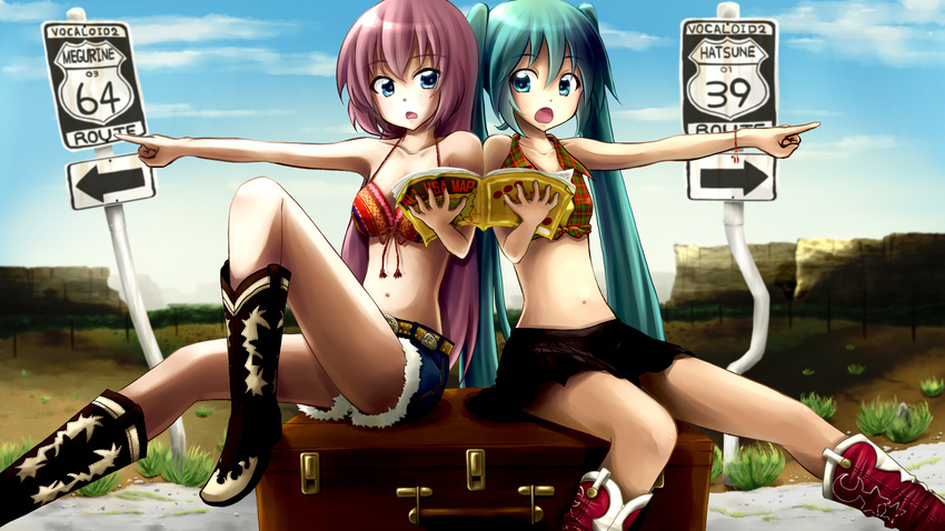 39 64 america aqua_eyes aqua_hair belt belt_buckle bikini_top boots briefcase buckle cowboy_boots cutoffs d: denim denim_shorts desert front-tie_top halter_top halterneck hatsune_miku highres highway kadomaki_shinnosuke long_hair map md5_mismatch megurine_luka midriff multiple_girls navel number_pun open_mouth pink_hair pointing pun road_sign shirt shorts sign sitting skirt sleeveless sleeveless_shirt symmetry tied_shirt travel twintails vocaloid