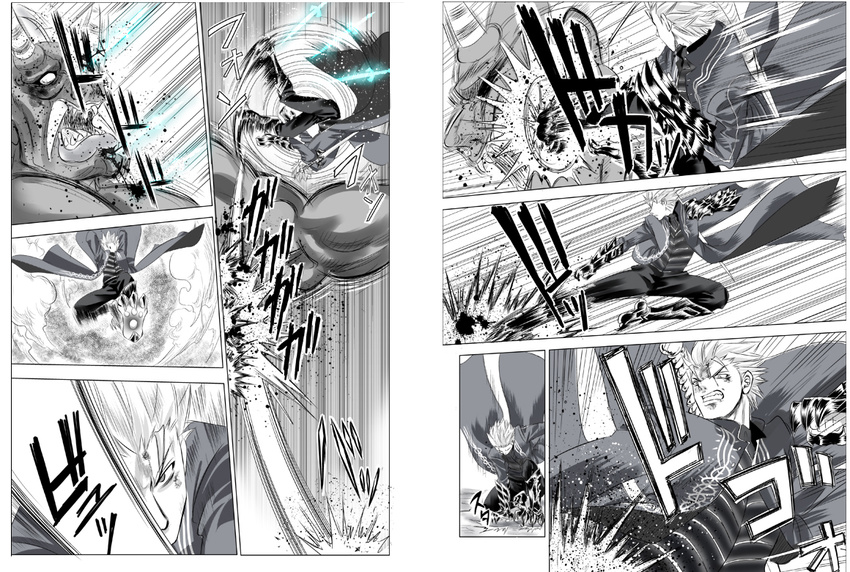 action battle beowulf blood comic devil_may_cry fang flying_kick force_edge_(dmc) gauntlets greaves greyscale horns kicking long_hair male_focus monochrome monster nagare summoned_swords sword translation_request vergil weapon