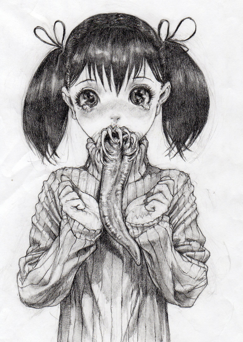 bad_id bad_pixiv_id bangs black_hair blush face graphite_(medium) greyscale hands highres long_tongue monochrome monster original pure_injuu ribbed_sweater solo sweater tears teeth tongue traditional_media turtleneck twintails
