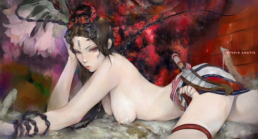amatiz breasts brown_hair bug dagger facial_mark garters insect long_hair md5_mismatch medium_breasts nipples original red_eyes resized sheath sheathed solo topless upscaled weapon