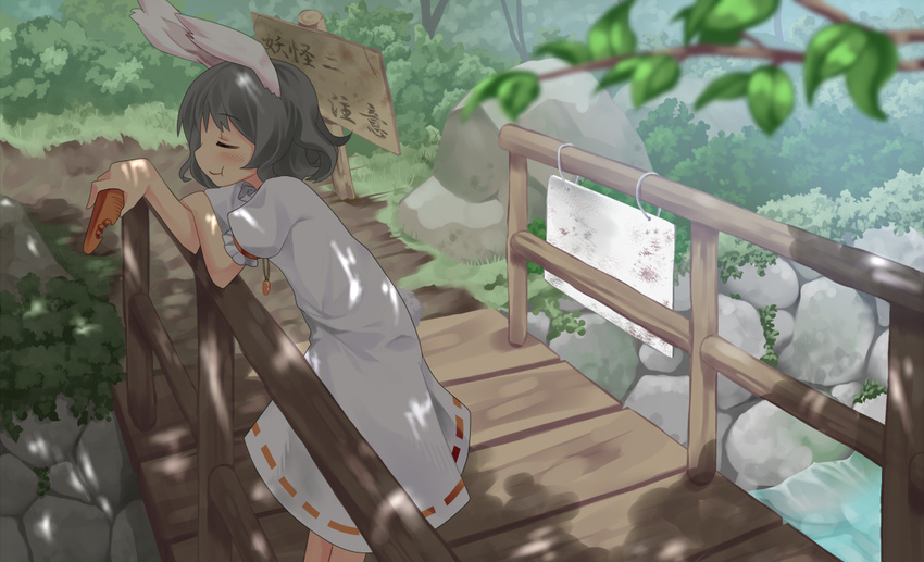 :t animal_ears blurry bridge bunny_ears carrot chewing closed_eyes dappled_sunlight depth_of_field eating inaba_tewi jewelry niji_sugi pendant shade sign solo sunlight touhou tree_shade