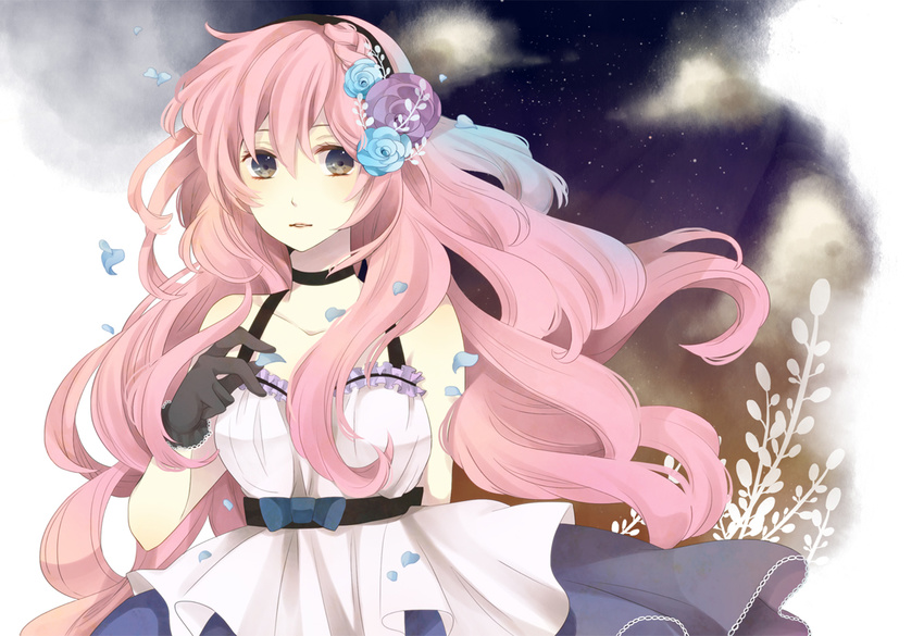 bad_id bad_pixiv_id dress flower gloves hair_flower hair_ornament headband ichinose_(sorario) long_hair megurine_luka petals pink_hair solo vocaloid