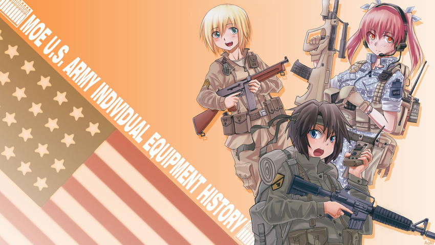 acu_(camo) america american_flag assault_rifle backpack bad_id bad_pixiv_id bag bedroll belt blonde_hair brown_hair bullpup car-15 explosive gloves grenade gun hair_ribbon headband headset highres load_bearing_equipment load_bearing_vest long_hair military military_operator military_uniform multiple_girls original push-to-talk_device radio ribbon rifle roach_(modern_warfare_2) short_hair siqi_(miharuu) sleeves_rolled_up smoke_grenade steyr_aug submachine_gun thompson_submachine_gun trigger_discipline twintails uniform vietnam weapon world_war_ii