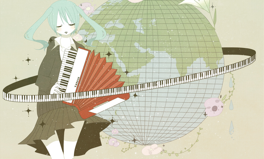 accordion flower green_hair hatsune_miku instrument key keys ponytails skirt sweater tears twintails vocaloid world