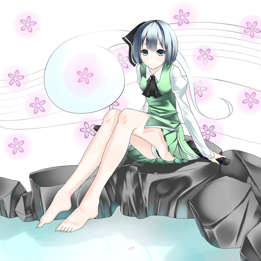 ascot barefoot blue_eyes feet ghost hairband highres hitodama katana konpaku_youmu konpaku_youmu_(ghost) long_toenails panties pantyshot pantyshot_(sitting) petals pond rock shinoi short_hair silver_hair sitting skirt solo sword toenails touhou underwear upskirt weapon