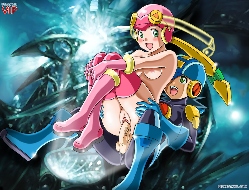 blue_hair blush breasts green_eyes megaman_exe nipples palcomix pussy rockman_exe roll_exe sex
