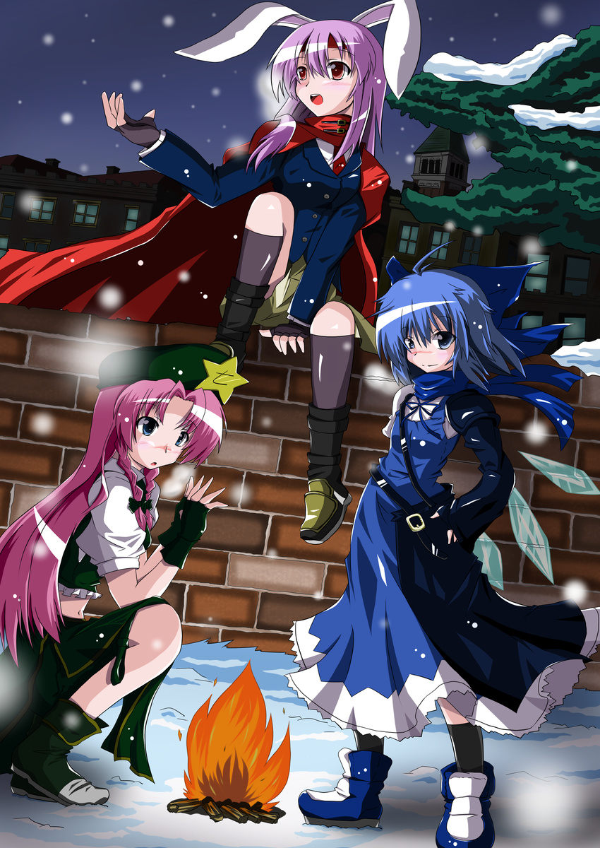 absurdres advent_cirno ahoge animal_ears arm_support bandana black_legwear blazer blue_dress blue_eyes blue_hair blush boots bow bunny_ears cape cirno dress fingerless_gloves fire gloves hair_bow hair_ribbon hand_on_hip hat highres hong_meiling jacket jin_taira kneehighs long_hair midriff miniskirt multiple_girls necktie purple_hair red_eyes red_hair reisen_udongein_inaba ribbon scarf short_hair shorts sitting skirt snow snowing socks squatting standing touhou