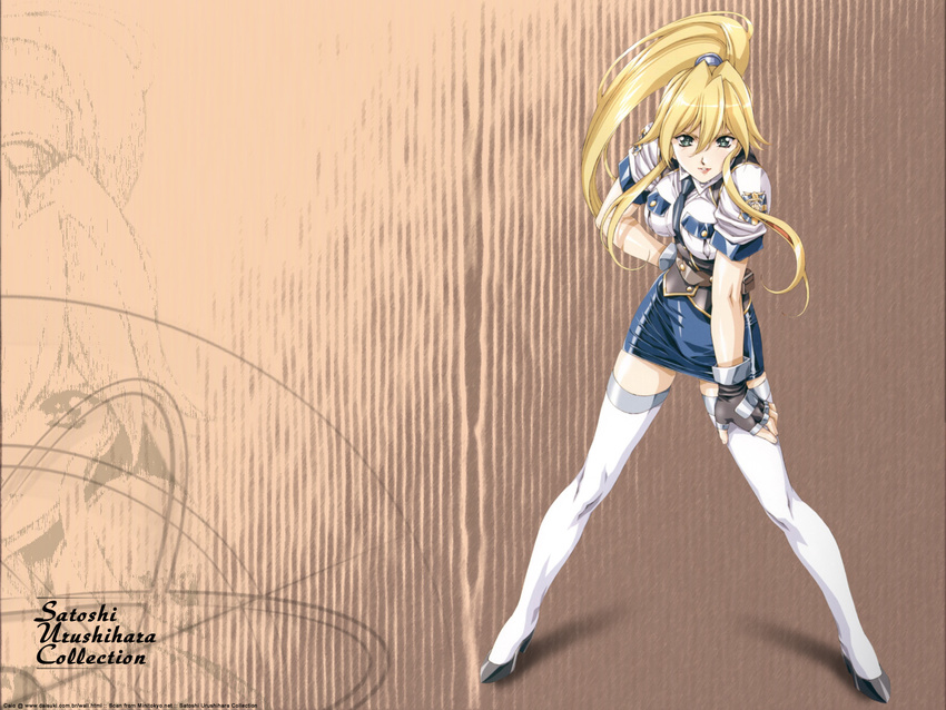 90s blonde_hair bow breasts burn-up burn-up_w burn_up burn_up_excess! burn_up_scramble burn_up_w gloves hair_bow highres kinezono_rio large_breasts long_hair looking_at_viewer miniskirt pantyhose police police_uniform policewoman ponytail rio_kinezono skirt solo spread_legs thighhighs uniform wall wallpaper weapon zettai_ryouiki