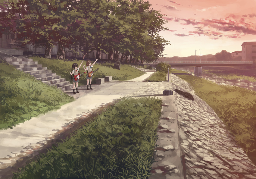 anime_location arm_up bridge dusk electric_guitar grass guitar guitar_case hirasawa_yui instrument instrument_case isou_nagi k-on! multiple_girls nakano_azusa revision river riverbank rock scenery stairs sunset tree water