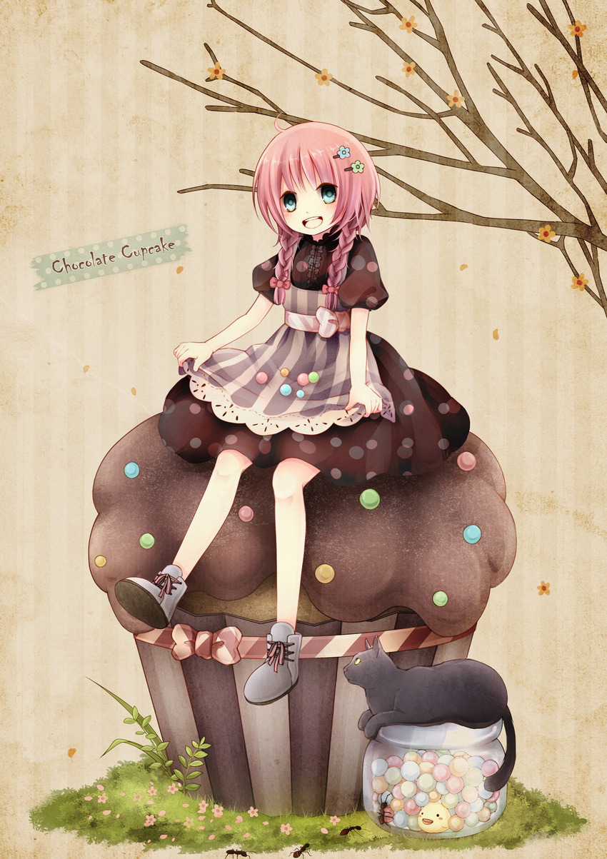 absurdres ant apron bare_legs bird bow braid branch bug candy cat chick cupcake dress flower food green_eyes hair_flower hair_ornament hair_over_shoulder hairpin highres insect jar nyaroro original personification pink_hair polka_dot solo twin_braids