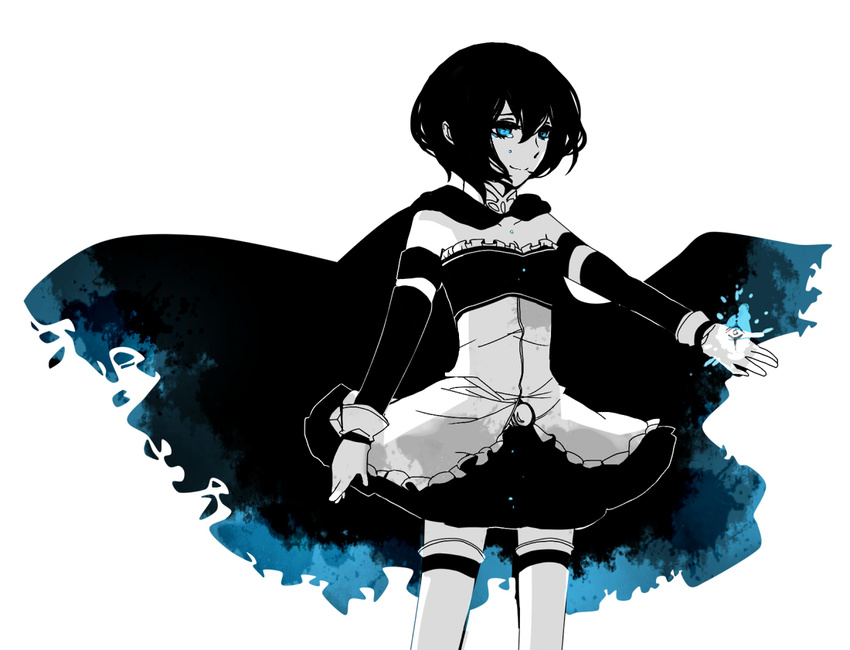 417 alternate_color black_hair blue_eyes cape gloves grief_seed magical_girl mahou_shoujo_madoka_magica miki_sayaka outstretched_arm short_hair simple_background smile solo spoilers tears thighhighs white_gloves