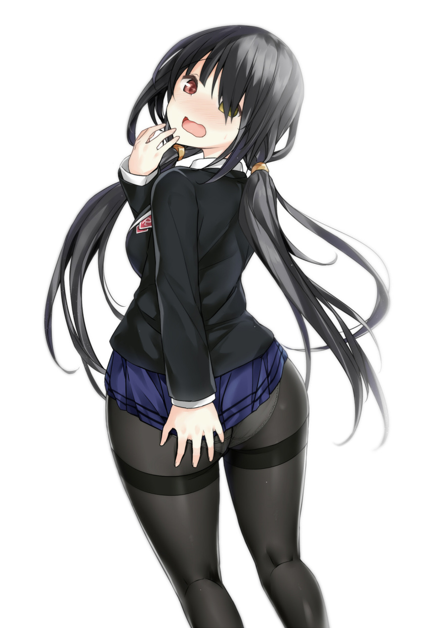 1girl ass black_hair black_legwear blue_skirt blush bulbonne covering covering_ass date_a_live embarrassed from_behind hair_over_one_eye heterochromia highres long_hair long_sleeves miniskirt open_mouth panties panties_under_pantyhose pantyhose pleated_skirt red_eyes school_uniform skirt solo standing thighband_pantyhose tokisaki_kurumi twintails underwear wavy_mouth white_background yellow_eyes