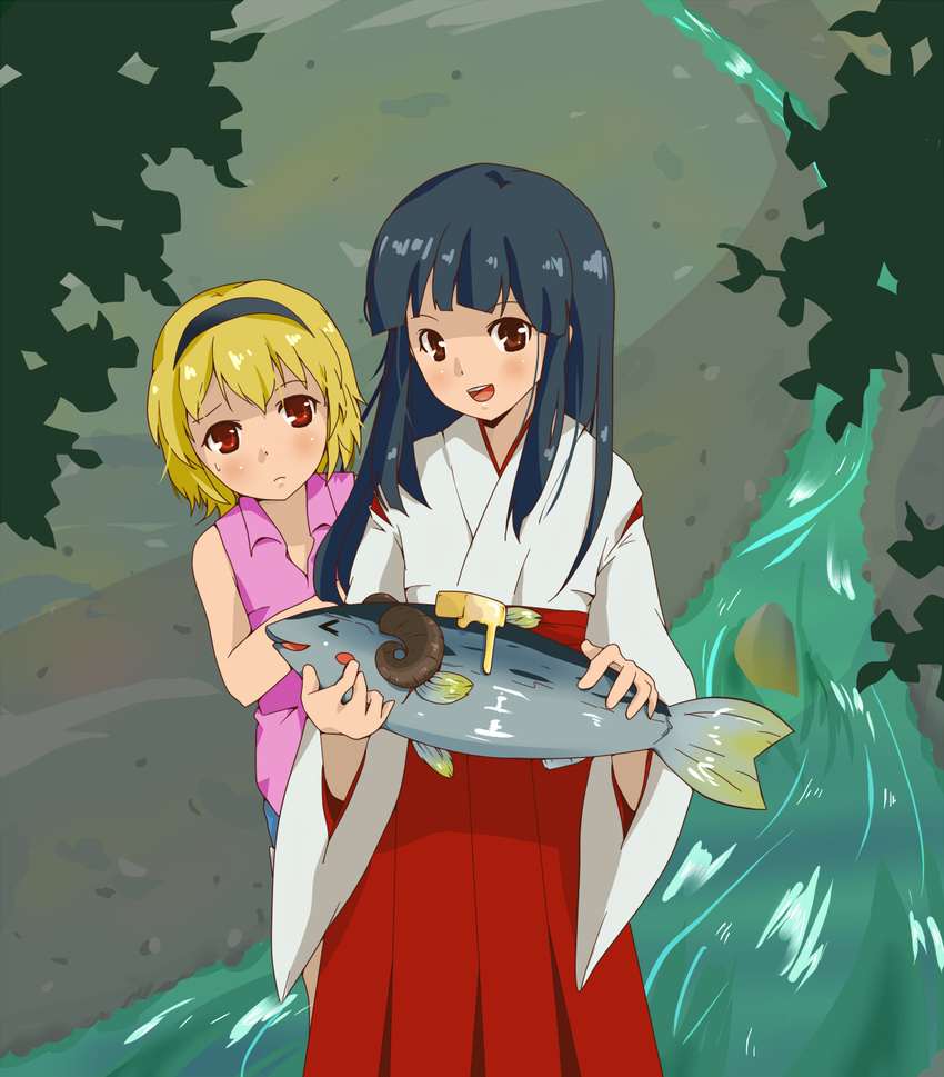 blonde_hair blue_hair blush_stickers brown_eyes butter fish food furude_rika hairband hakama hanyuu highres higurashi_no_naku_koro_ni horns houjou_satoko japanese_clothes kira_kira_hoshino leaf long_hair miko multiple_girls open_mouth red_eyes red_hakama river shirt short_hair shorts sleeveless sleeveless_shirt standing