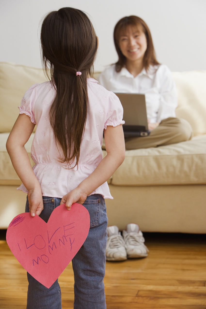 absurdres age_difference asian back blurry child computer couch denim depth_of_field english heart highres holding huge_filesize japanese jeans laptop long_hair mother_and_daughter pants photo shoes sitting smile sofa standing