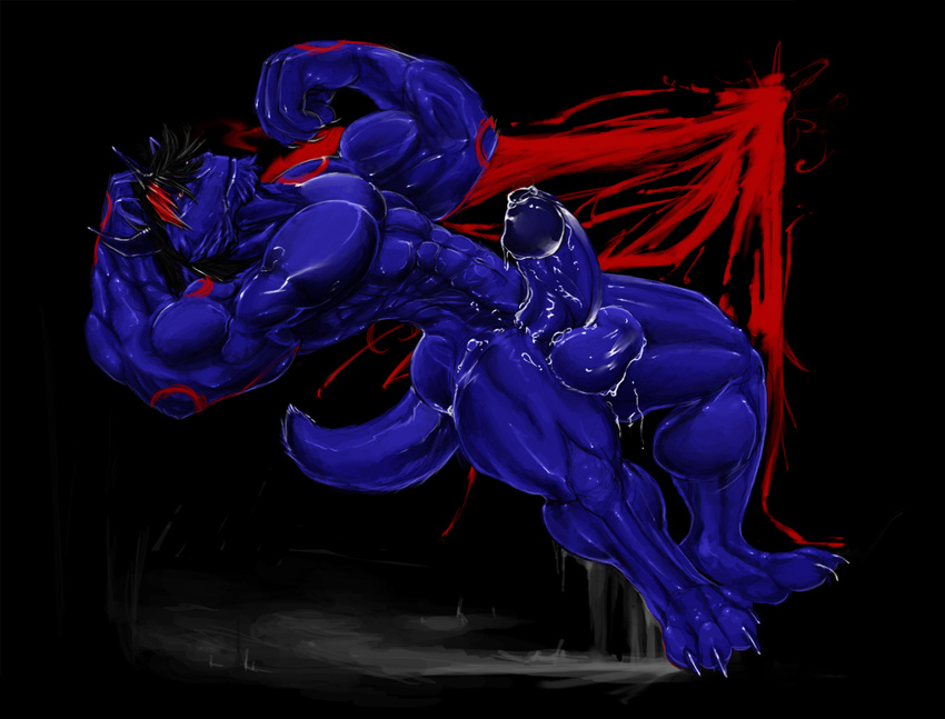 balls big_balls canine claws cum demon erection guardianmoose horns male markings messy muscles nude on_back penis precum presenting red_eyes solo tail wolf