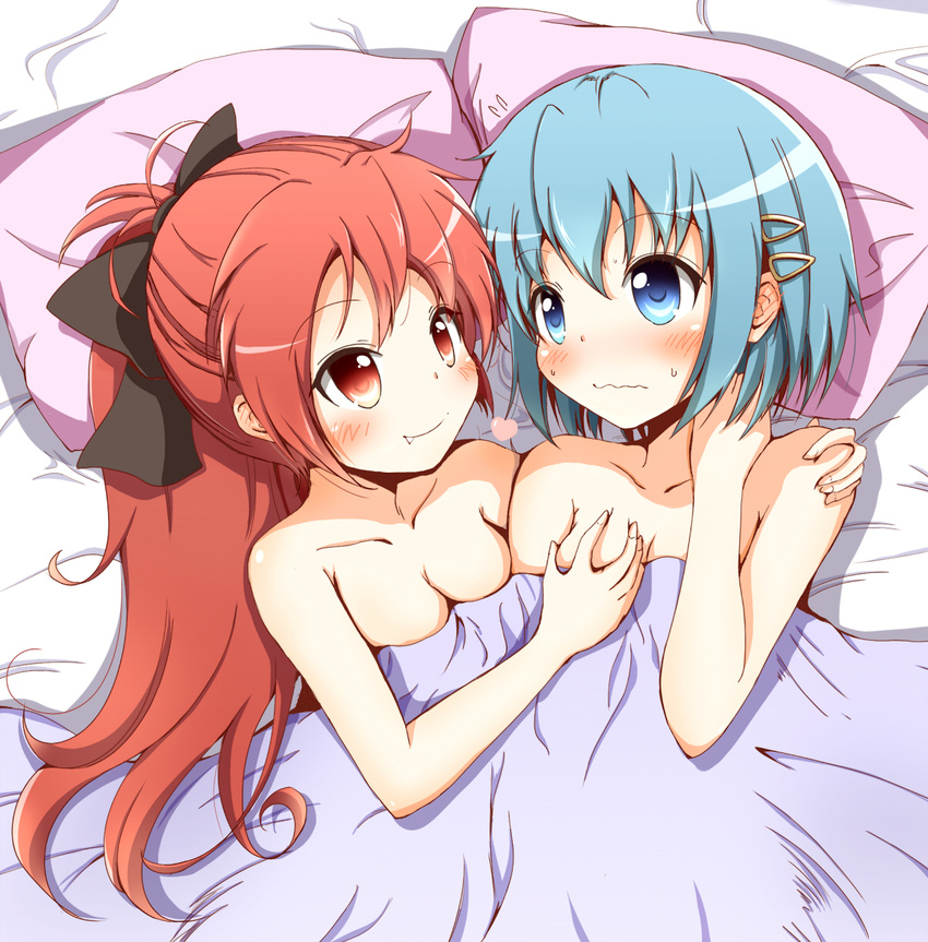 aikawa_ryou bed_sheet blue_eyes blue_hair blush bow breast_grab breasts commentary_request fang grabbing hair_bow highres mahou_shoujo_madoka_magica miki_sayaka multiple_girls ponytail red_eyes red_hair sakura_kyouko small_breasts smile wavy_mouth yuri