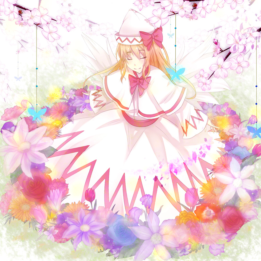 bad_id bad_pixiv_id baniradayann blonde_hair blue_flower blue_rose blush bow branch capelet cherry_blossoms closed_eyes dress flower hat hat_ribbon highres lily_white long_hair orange_flower orange_rose red_flower red_rose ribbon rose sash sleeves_past_wrists smile solo touhou wings