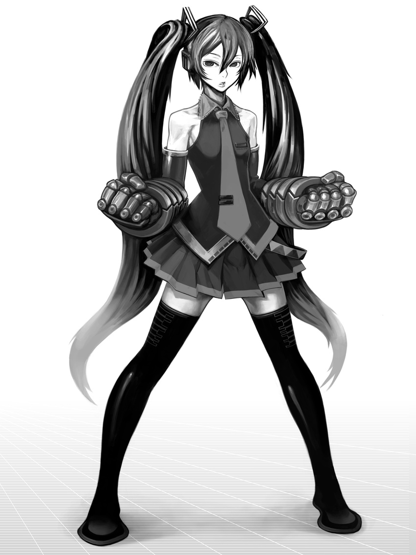 bare_shoulders boots clenched_hands detached_sleeves gauntlets greyscale hatsune_miku highres long_hair masn_(moxi) miniskirt monochrome necktie skirt solo thigh_boots thighhighs twintails very_long_hair vocaloid zettai_ryouiki