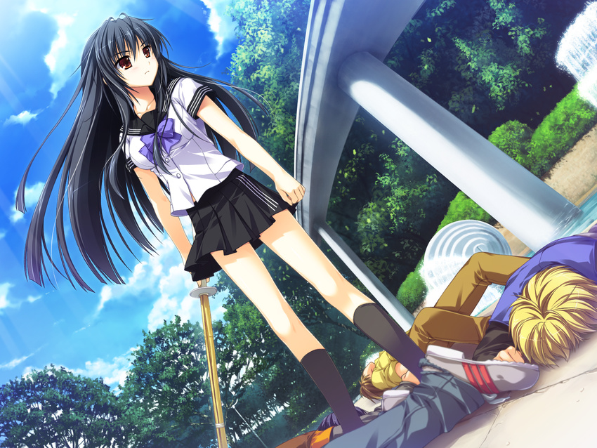 4boys alpha_(yukai_na_nakamatachi) black_hair black_legwear black_skirt brown_hair cloud day game_cg highres kneehighs kourin_no_machi_lavender_no_shoujo long_hair multiple_boys outdoors pleated_skirt sakuragi_hikaru school_uniform serafuku shinai skirt sky socks sword tree water weapon