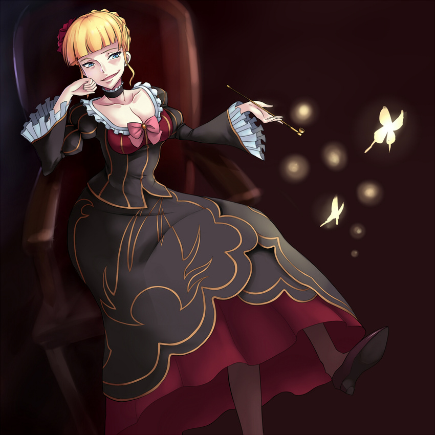 64_(xfour) bad_id bad_pixiv_id beatrice blonde_hair blue_eyes bow breasts bug butterfly choker cleavage dress flower grin hair_flower hair_ornament highres insect kiseru large_breasts pantyhose pink_bow pipe red_flower red_rose rose sitting smile solo umineko_no_naku_koro_ni