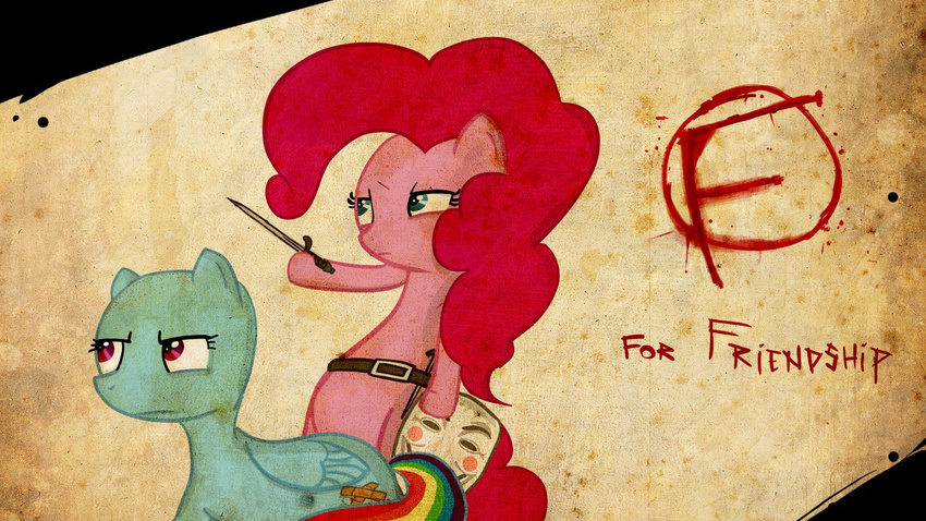 bandage belt blue_eyes blue_hair duo english_text equine female feral friendship_is_magic fur guy_fawkes hair horse mammal mask my_little_pony parody pegasus pink_eyes pink_fur pink_hair pinkie_pie_(mlp) pony purple_eyes rainbow_dash_(mlp) rainbow_tail spoof sword text unknown_artist v_for_vendetta weapon wings