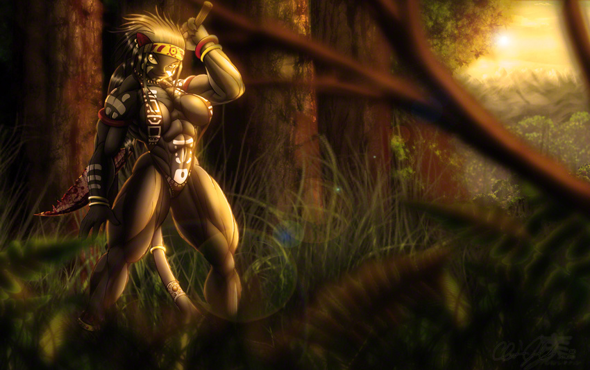 biceps blood body_markings breasts clothed clothing cylnx feline female forest headband mammal markings muscles muscular_female panther skimpy solo sword tree tribal warrior weapon wood yellow_eyes
